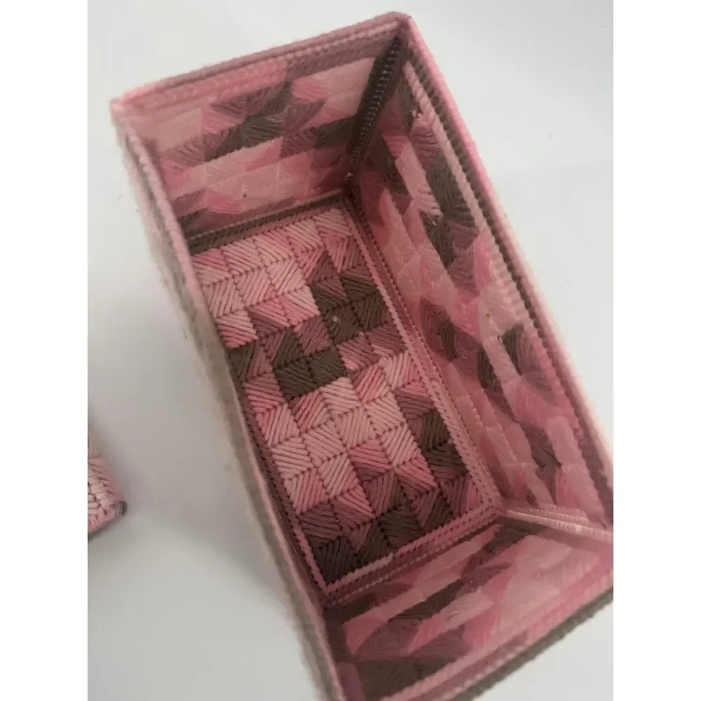 Vintage Handmade Yarn Kleenex Box Cover Pink Gray Plastic Canvas Tissue Holder